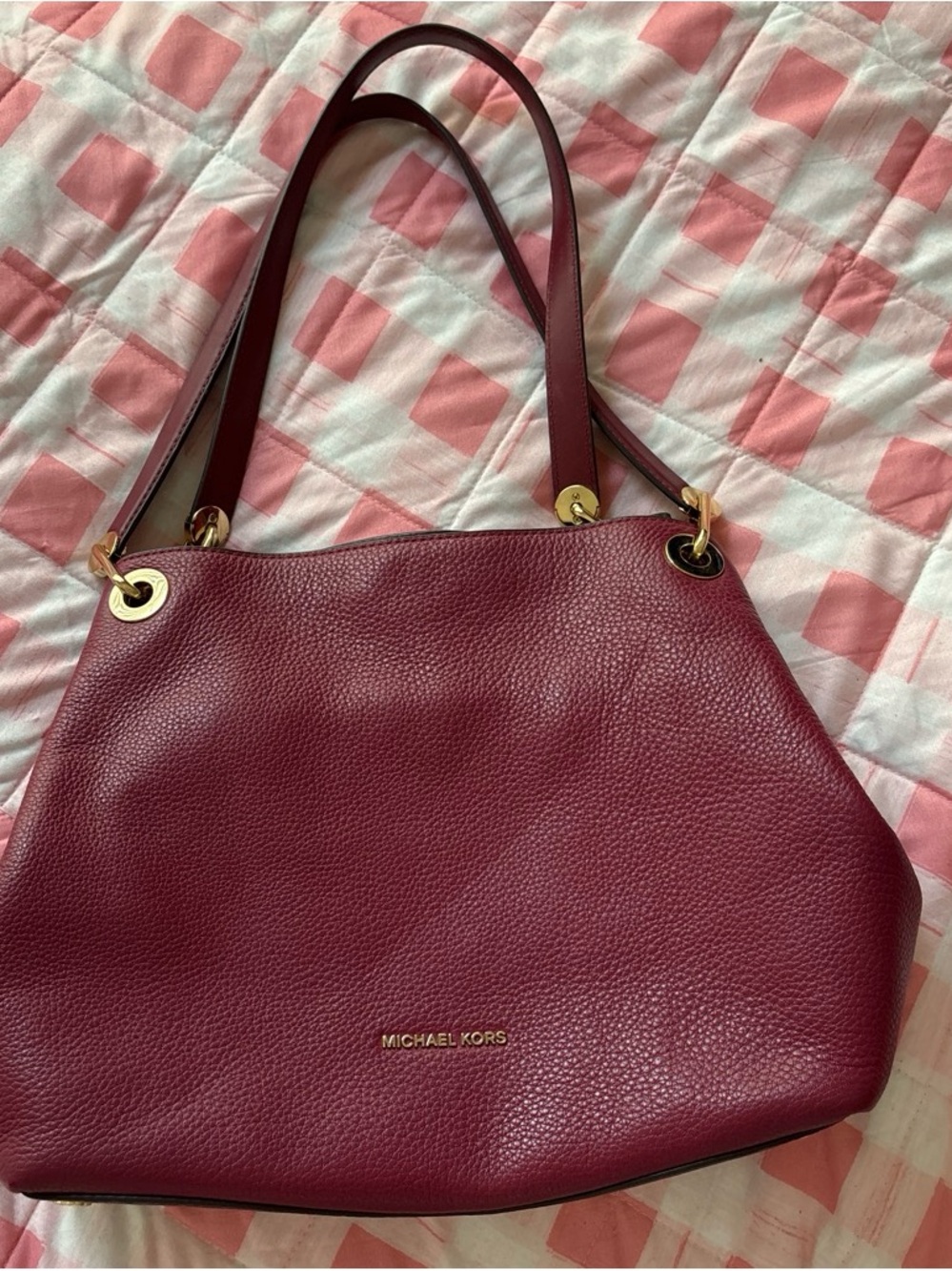 Michael Kors Burgundy Pebbled Leather Shoulder Bag with Gold Hardware